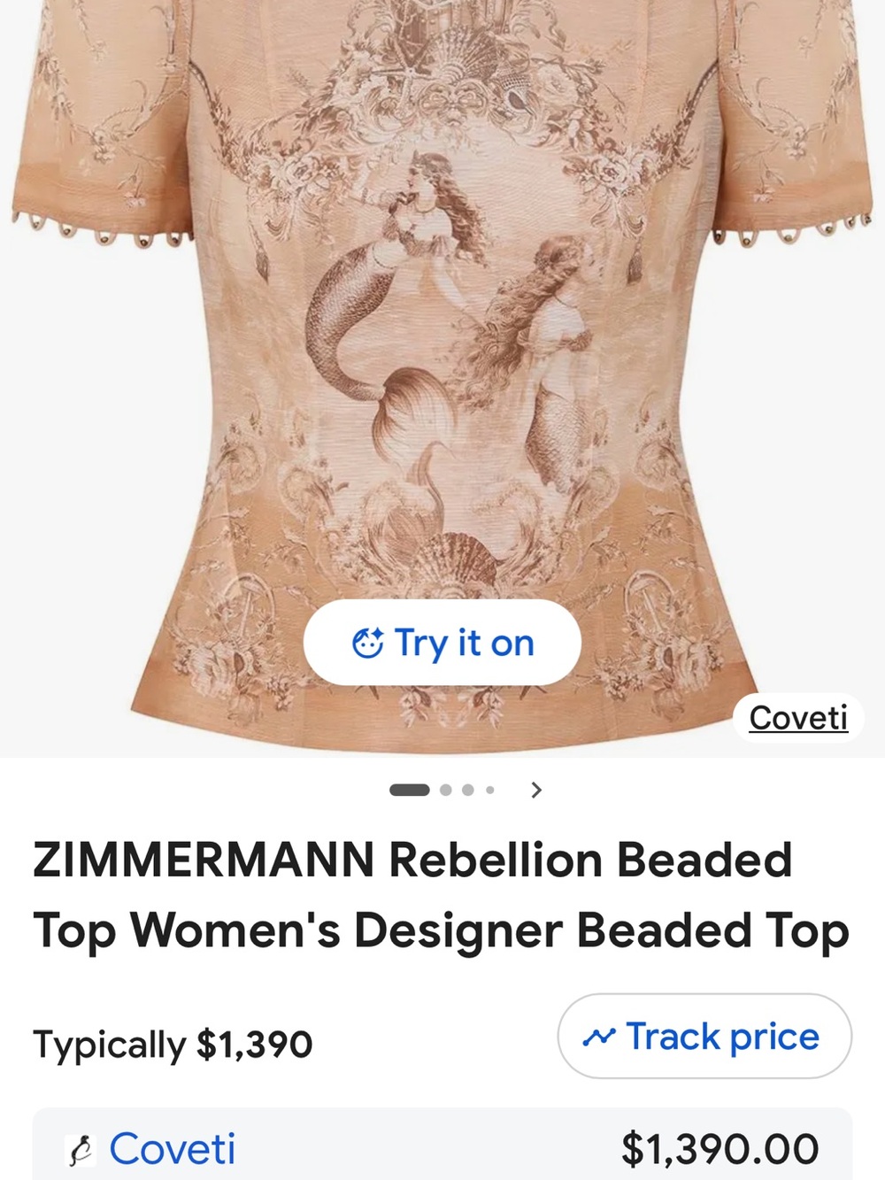 Zimmermann Peach Toile Mermaid Short-Sleeve Blouse with Embellished Neck